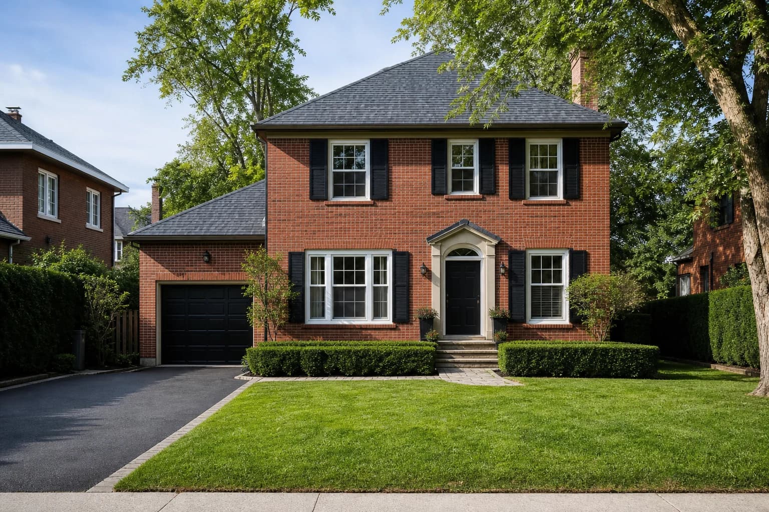 Red brick home with new roof and neatly trimmed hedges