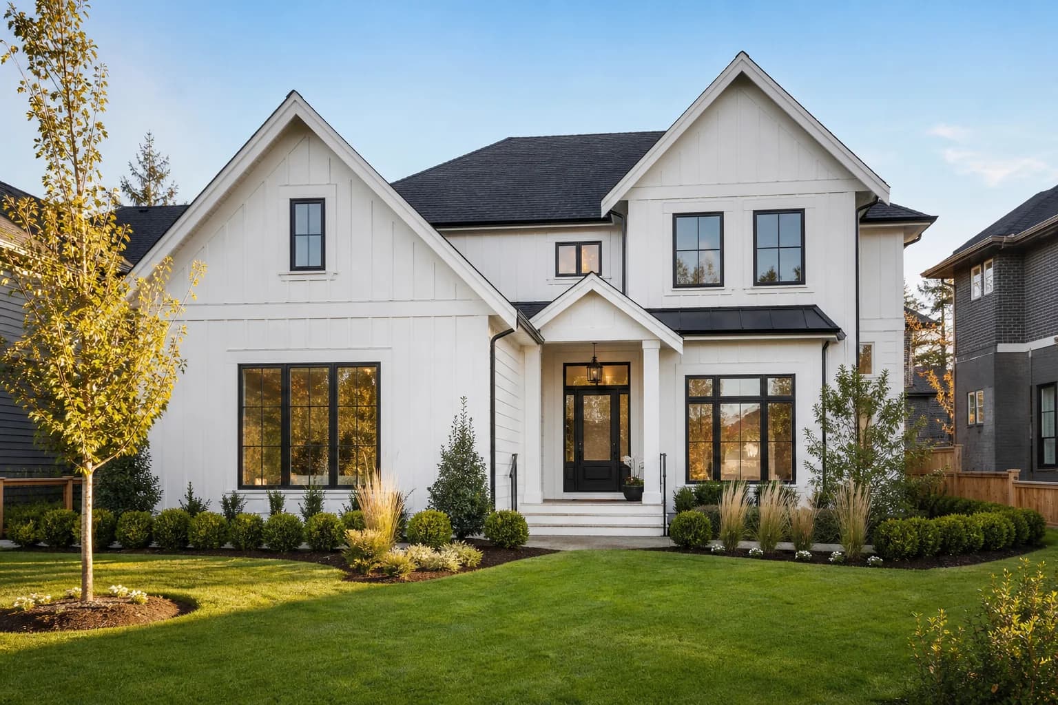 Crisp contemporary white home with black framed windows