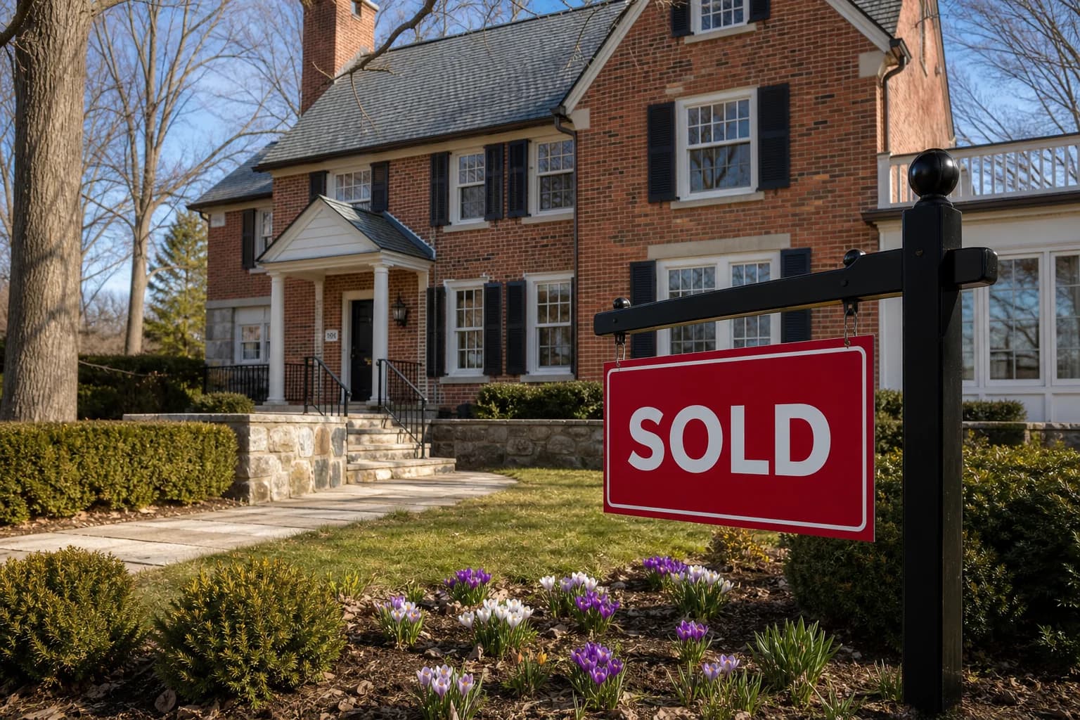 Stately Canadian brick home in early spring with warm morning light