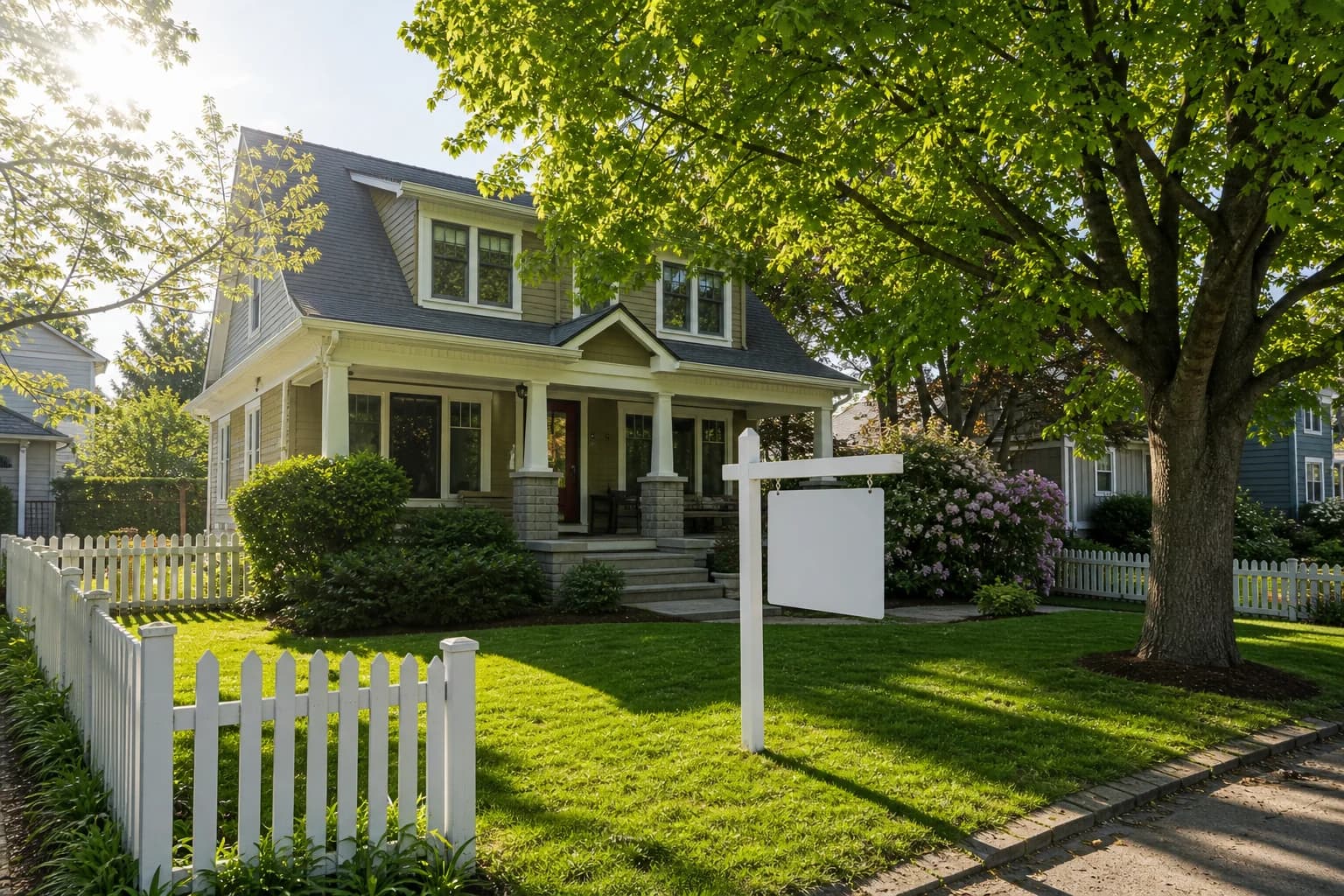 Canadian suburban home with mature maple tree and picket fence