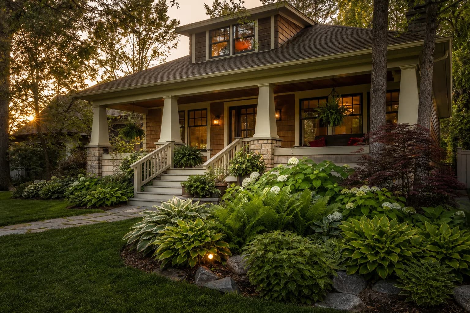 Canadian craftsman bungalow with porch and manicured garden at golden hour