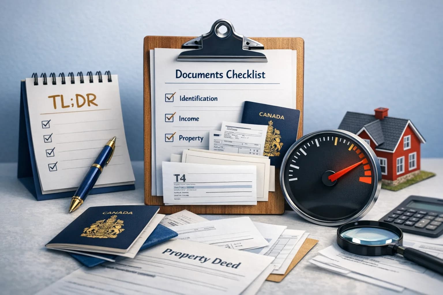 mortgage documents checklist in Canada with a Canadian home at sunset