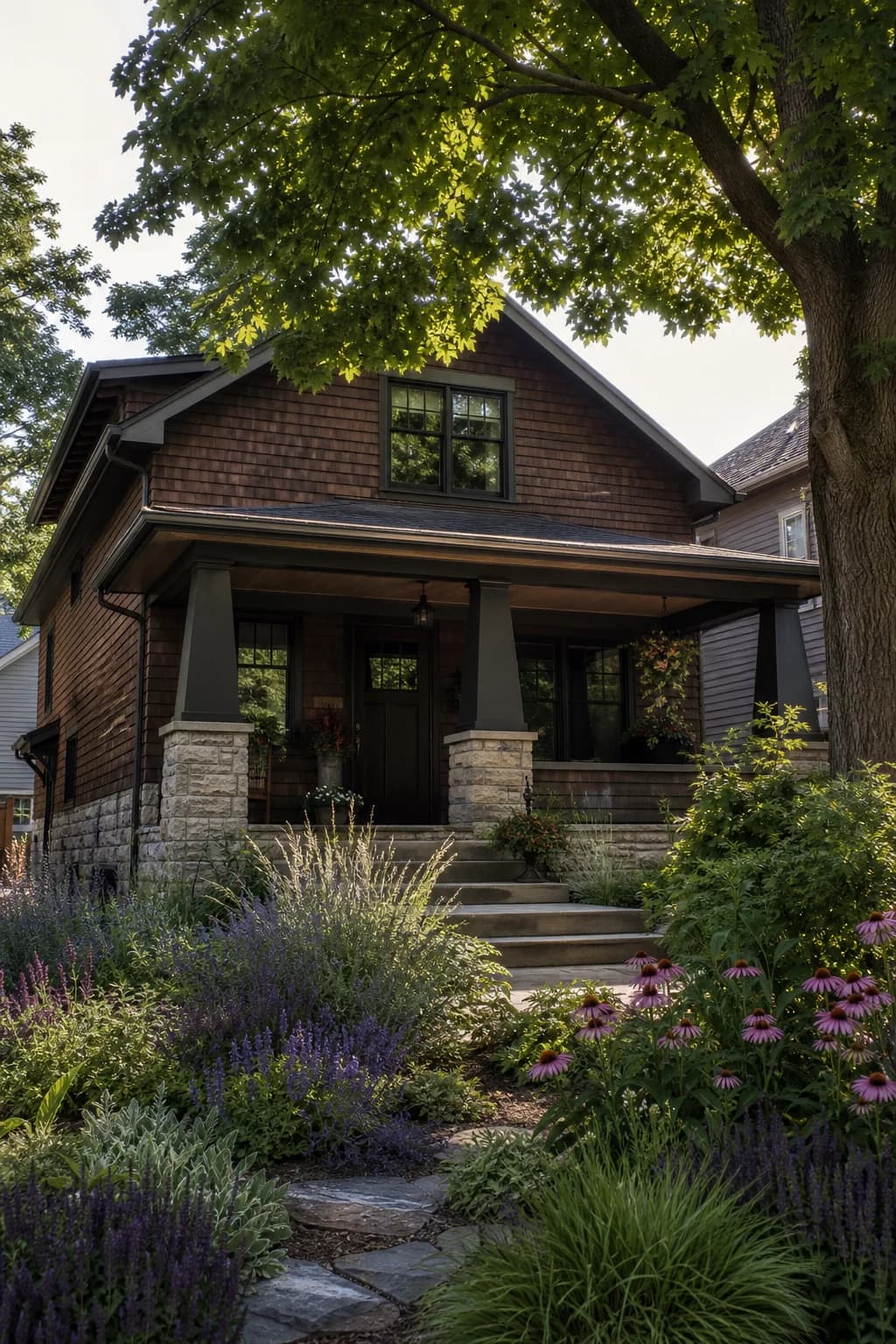 Ottawa craftsman bungalow with perennial garden and dappled light