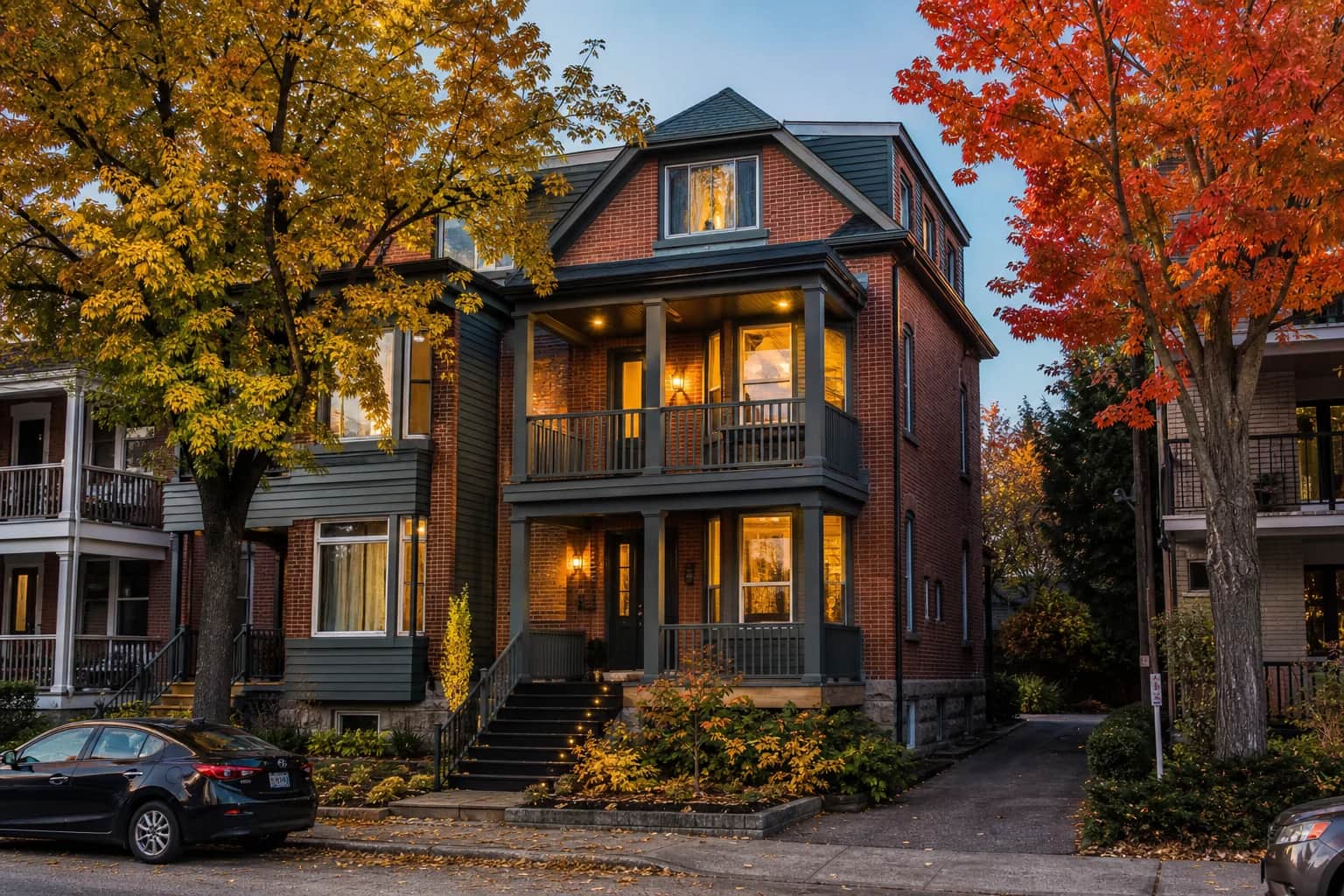 Multi-unit investment property in a Canadian city neighbourhood with tree-lined street at golden hour, showcasing the kind of property where DSCR analysis matters most.