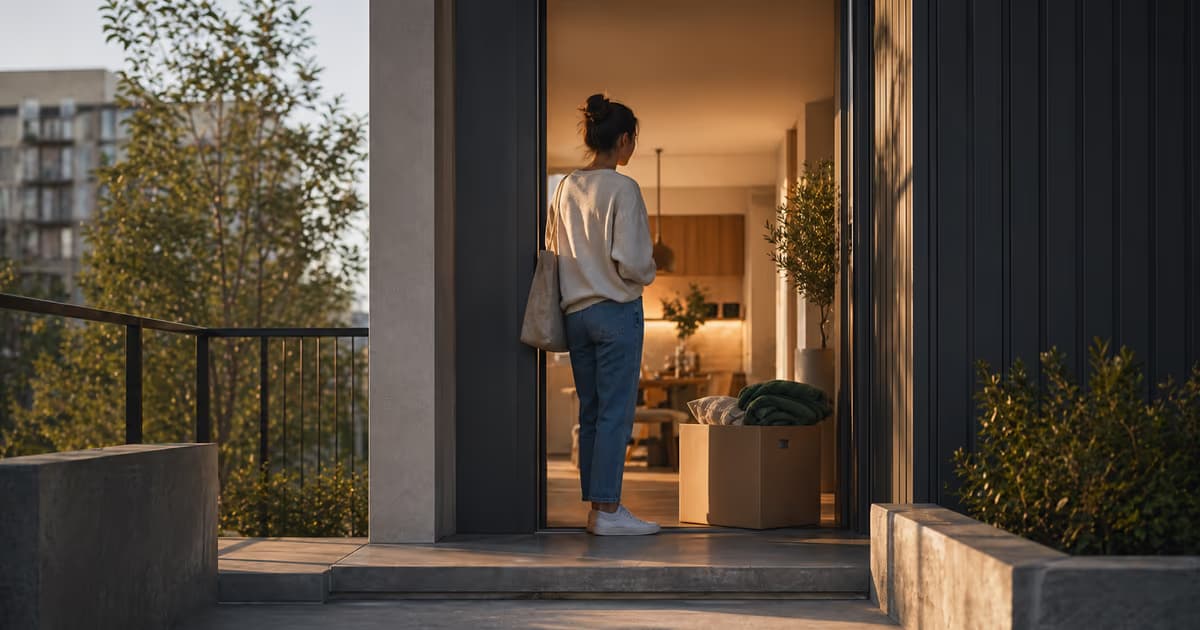 First-time buyer placing a moving box inside a modest first home doorway