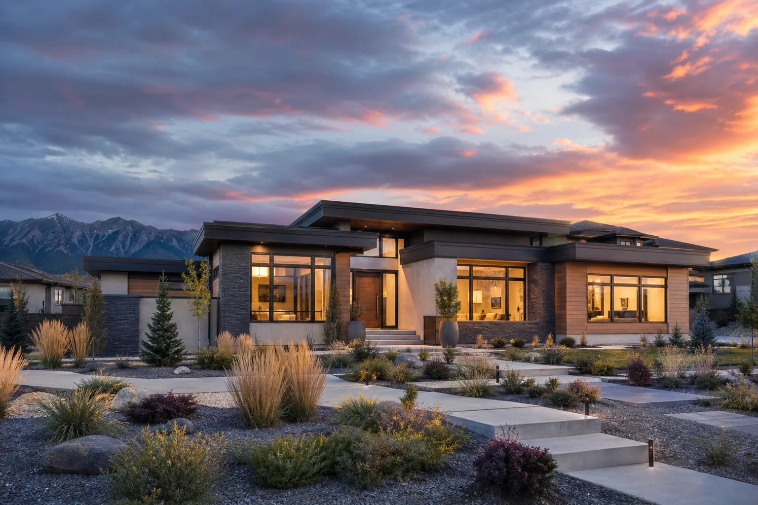 Contemporary Calgary prairie home under dramatic sunset skies — representing the dynamic, changing nature of variable-rate mortgages