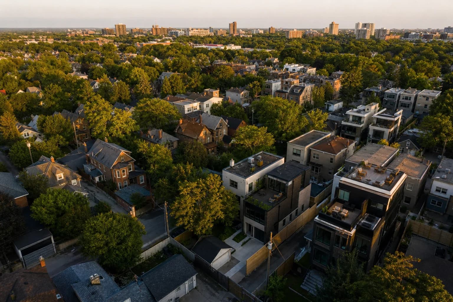 Aerial neighborhood transition from mature to new development
