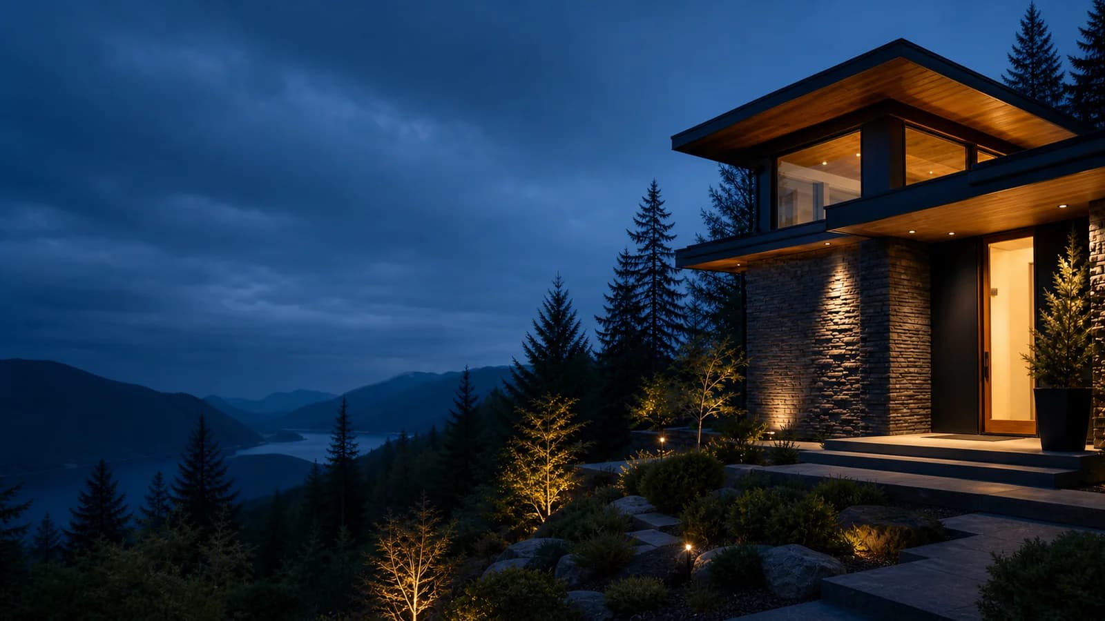 Modern West Coast Canadian home overlooking mountains and a lake at blue hour