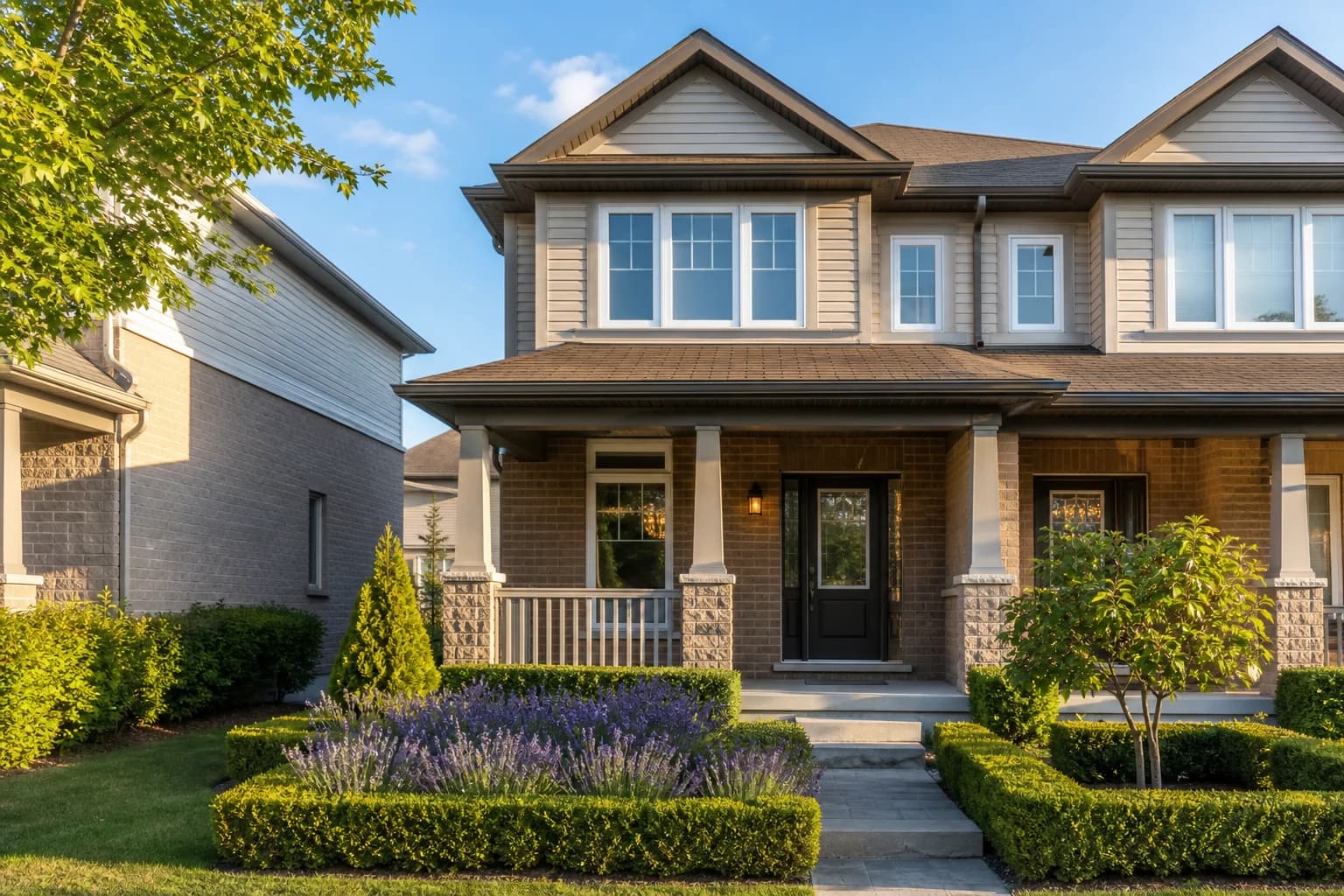 Well-maintained Canadian semi-detached home with brick exterior and lavender garden