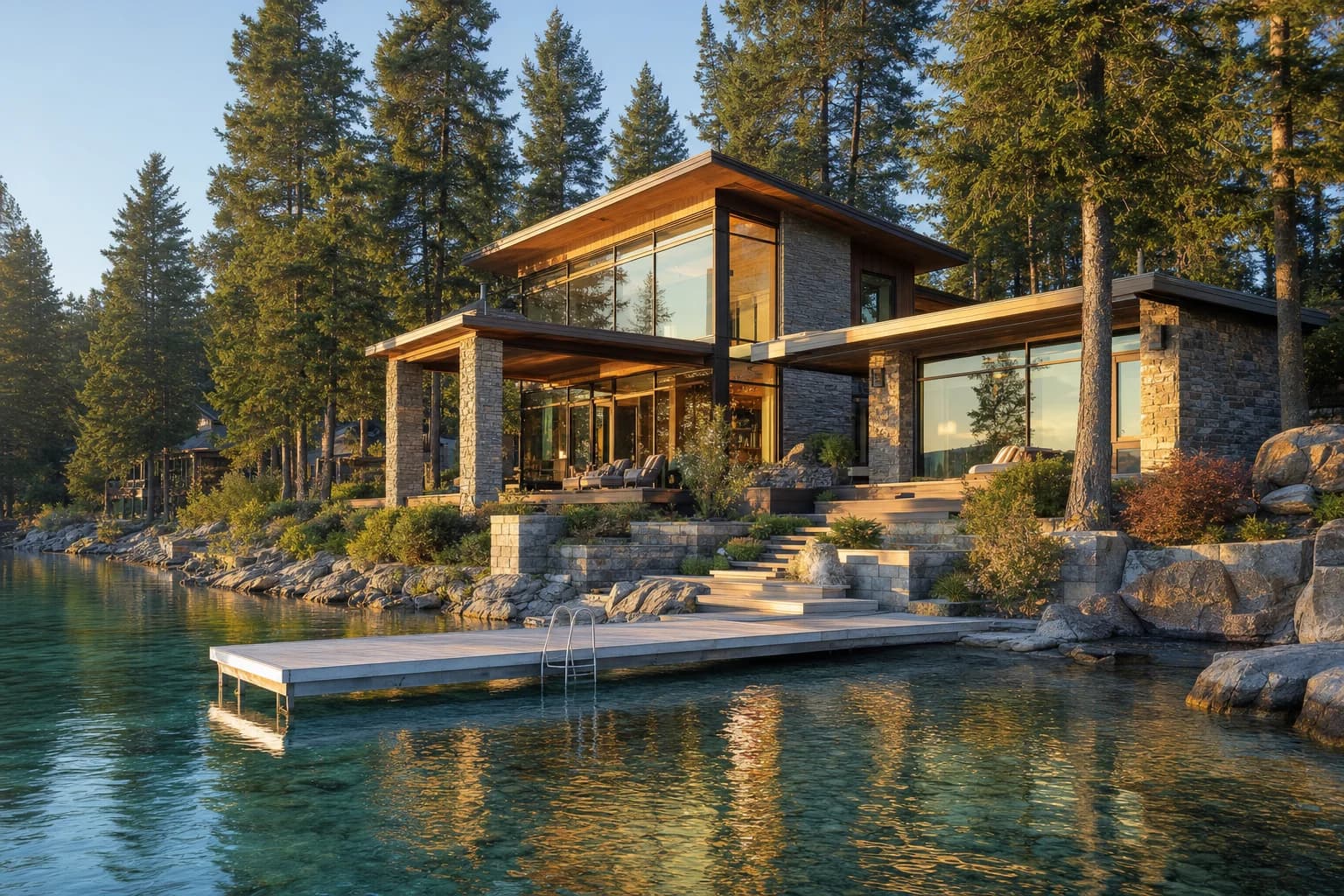 Contemporary waterfront home facing a calm Canadian lake at golden hour