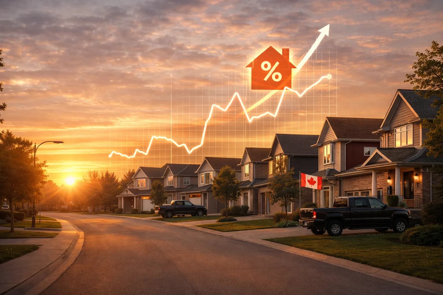 prime rate and variable mortgage risk in Canada with a Canadian home at sunset