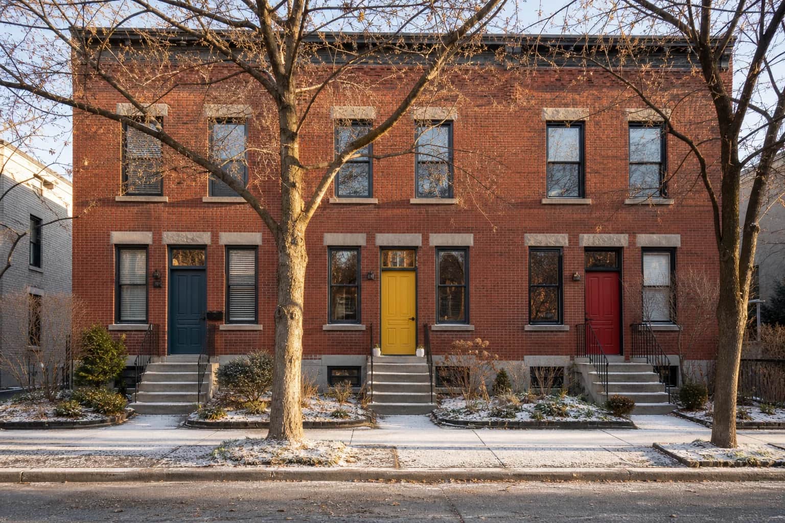 Triplex with three distinct entrances in winter light — representing the investment in rental property as a long-term wealth-building strategy.