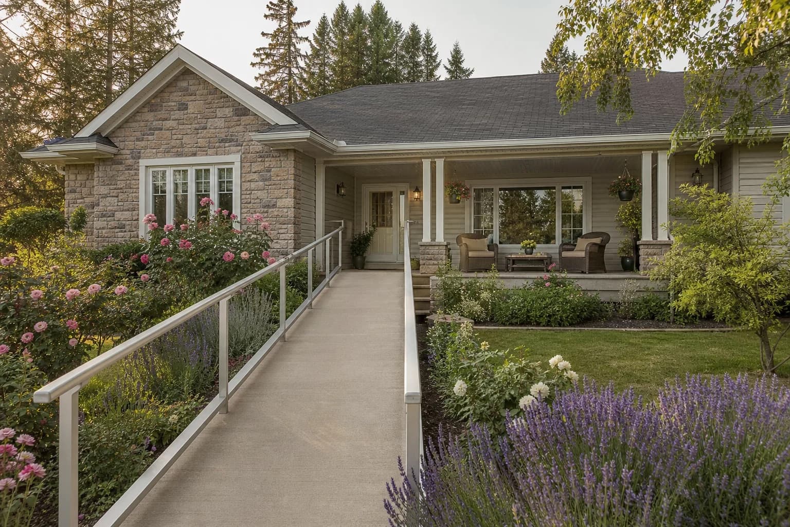 Peaceful Canadian retirement bungalow with accessible entry and perennial garden