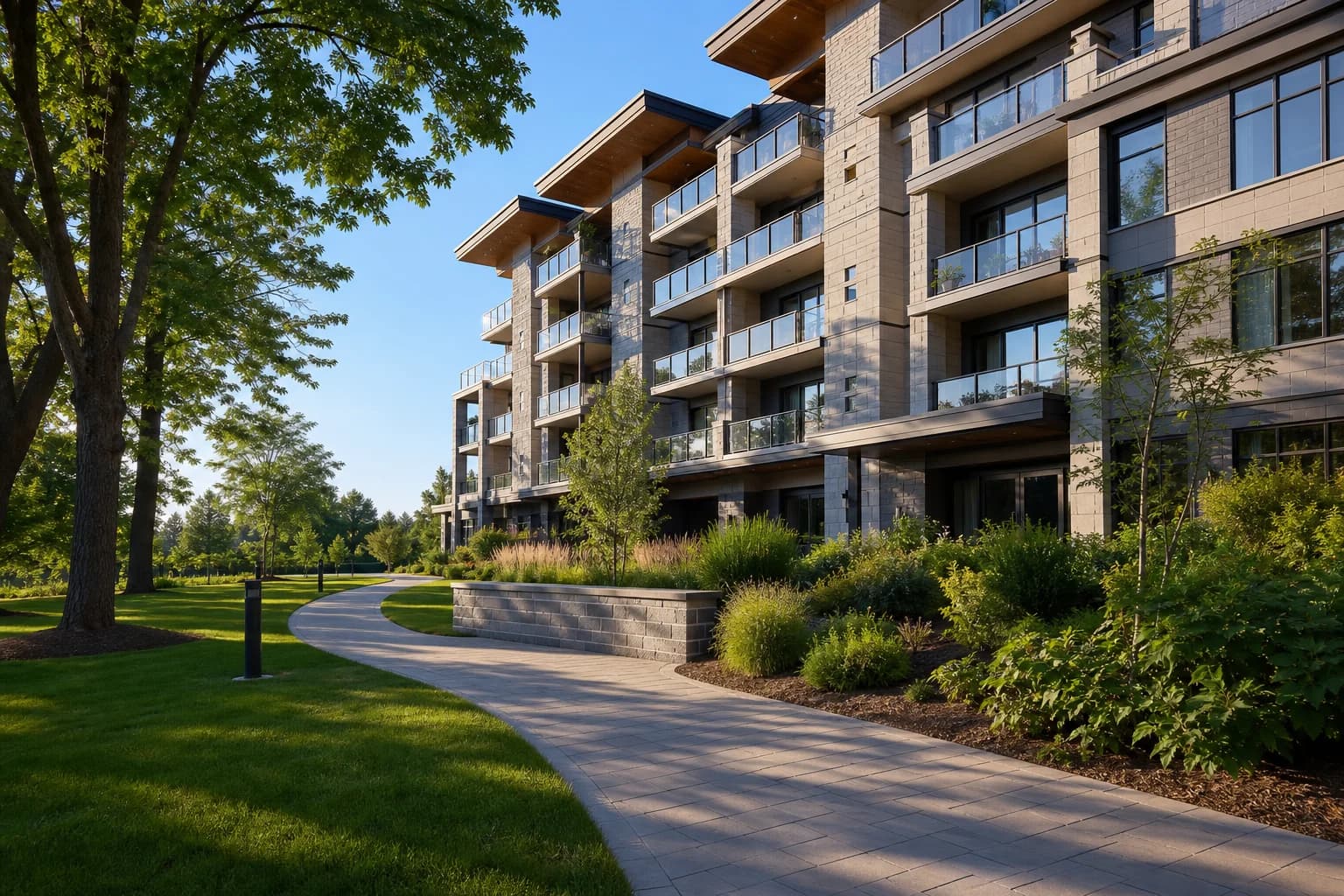 Elegant Canadian condo building with landscaped courtyard and mature shade trees