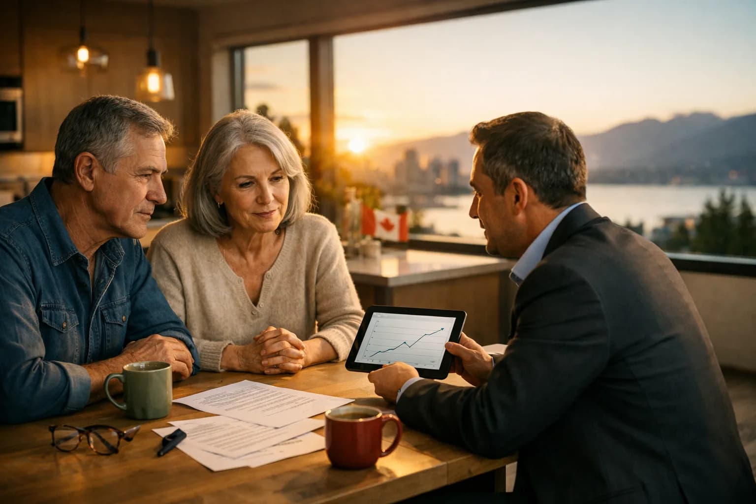 Canadian reverse mortgage strategy scene at sunset with homeowner financial planning context