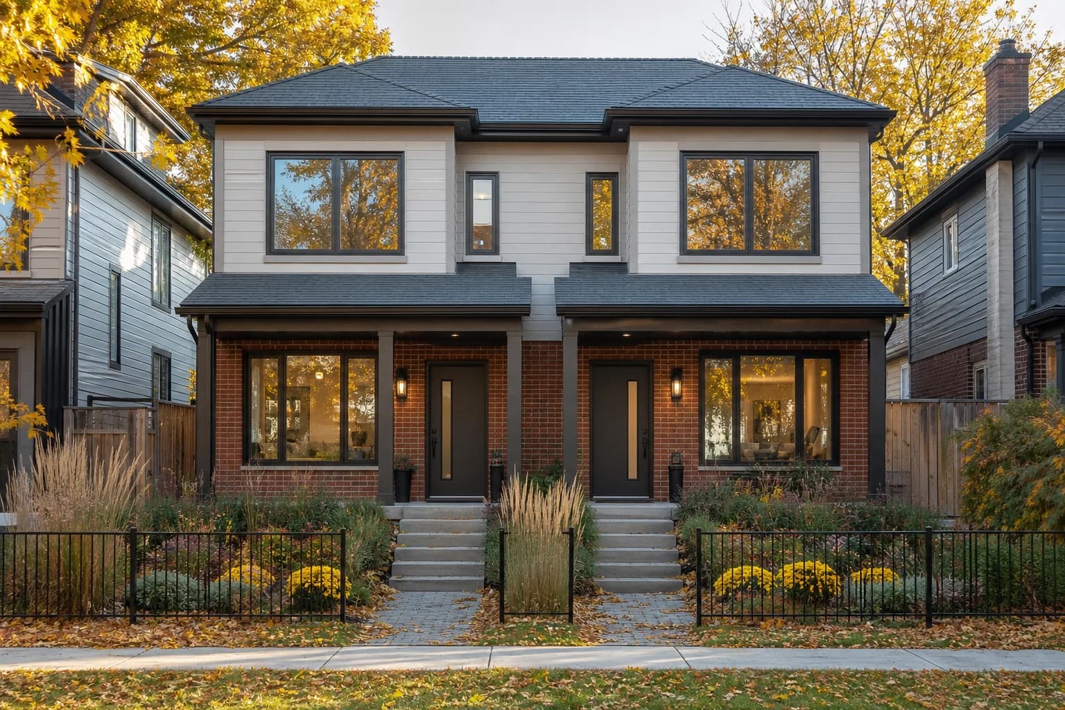 Welcoming Canadian duplex with modern brick exterior and fenced gardens