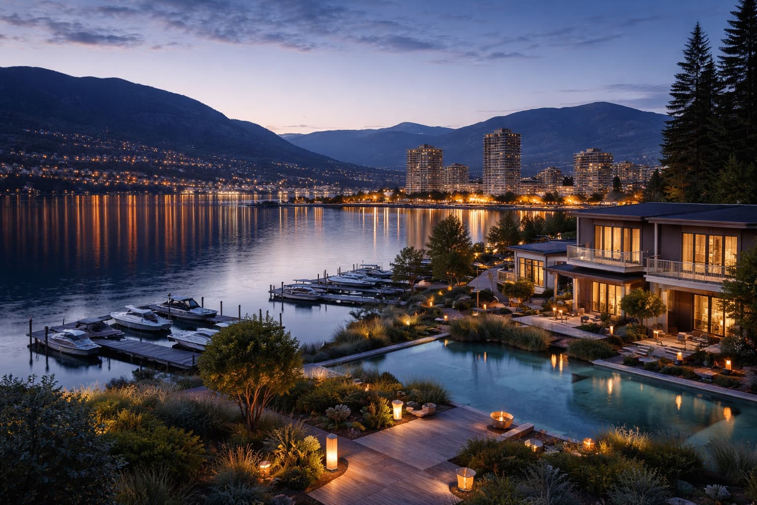 Kelowna residential waterfront city scene at blue hour