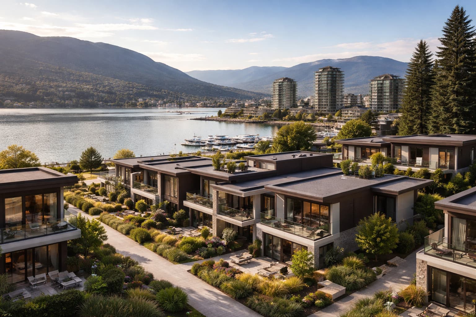 Kelowna condo and townhome neighbourhood near the waterfront with mountains in the background