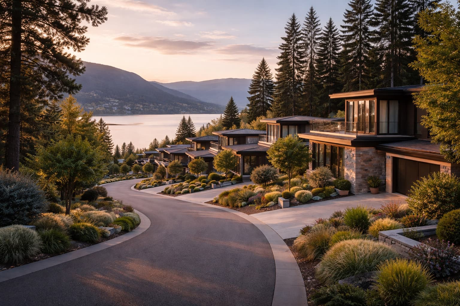 Kelowna hillside residential street with a glimpse of Okanagan Lake and trees