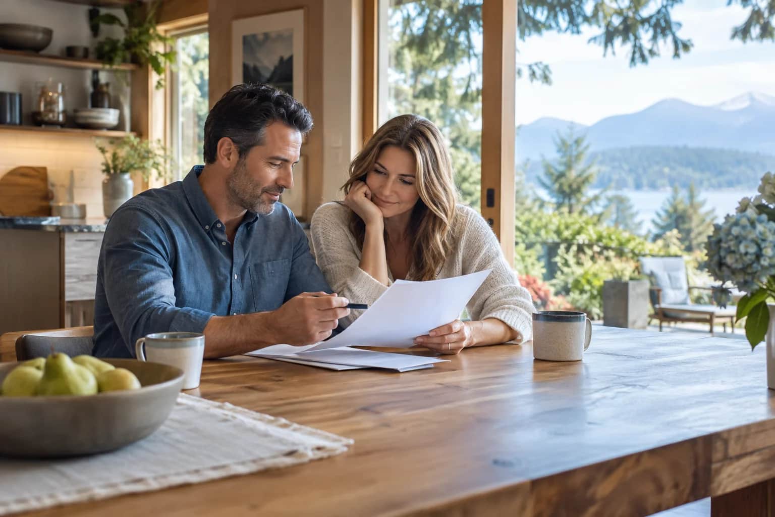 A couple reviewing household paperwork together at their kitchen table