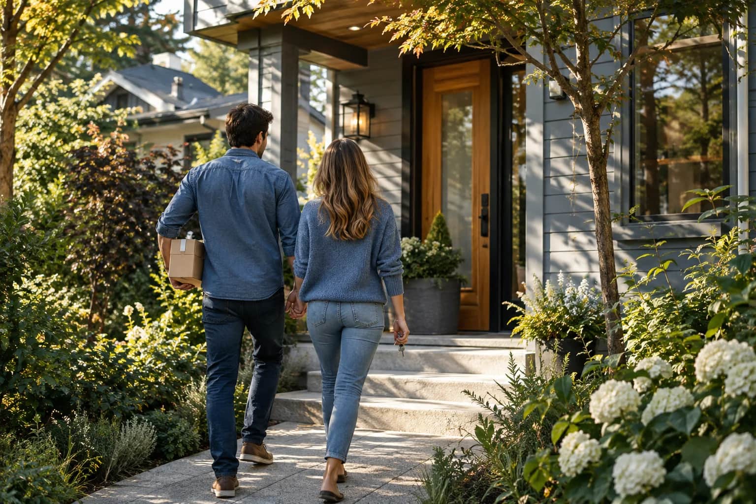 A couple arriving at a home with a moving box and keys