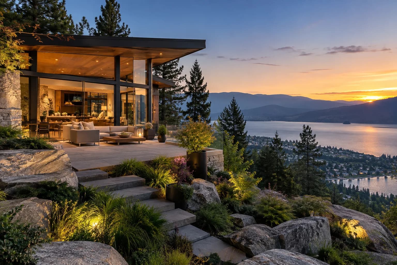 A warmly lit West Coast home overlooking a lake and forested mountains