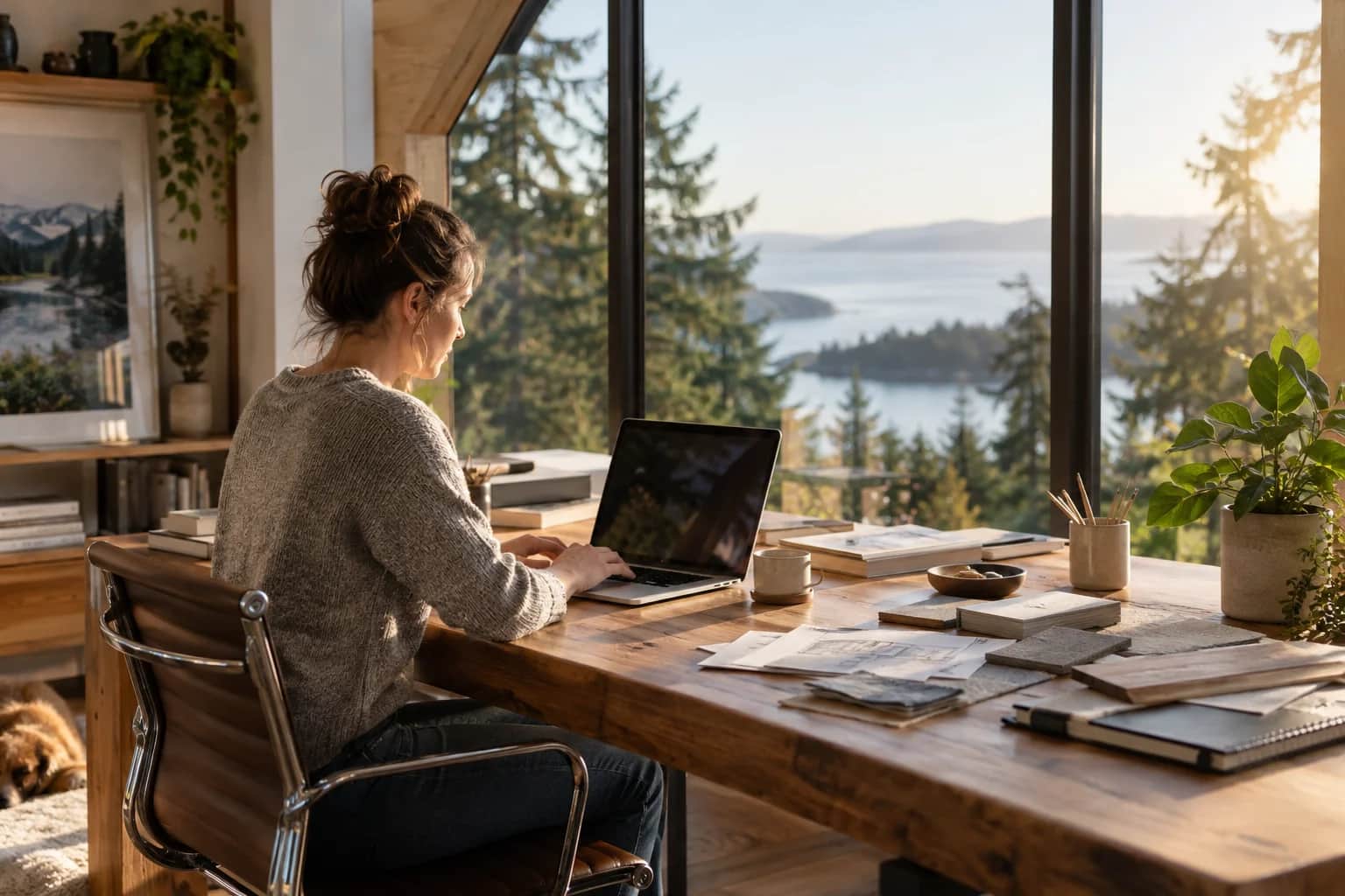 An independent professional working at a desk in a bright home studio