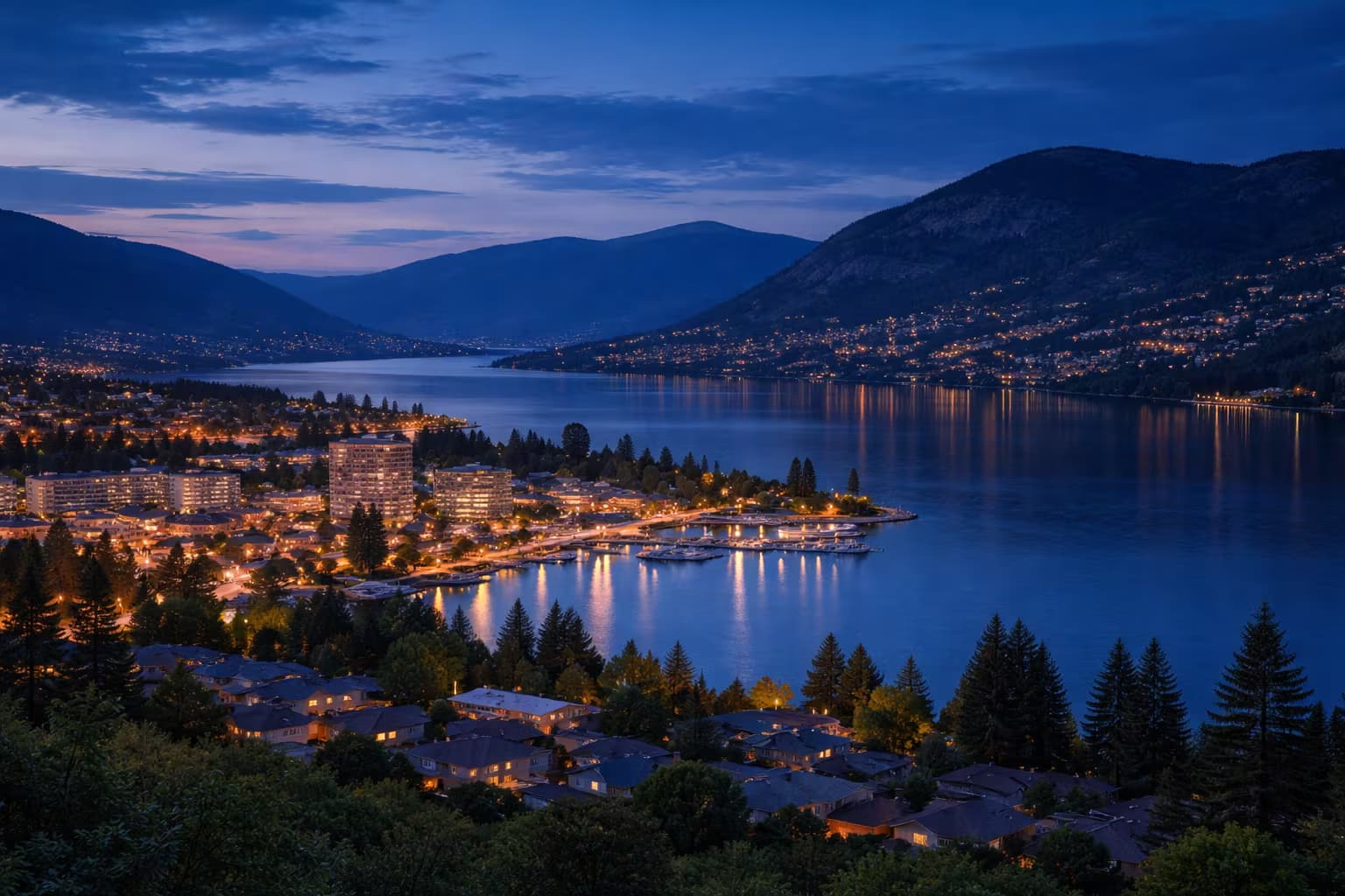 Penticton city and lake at blue hour