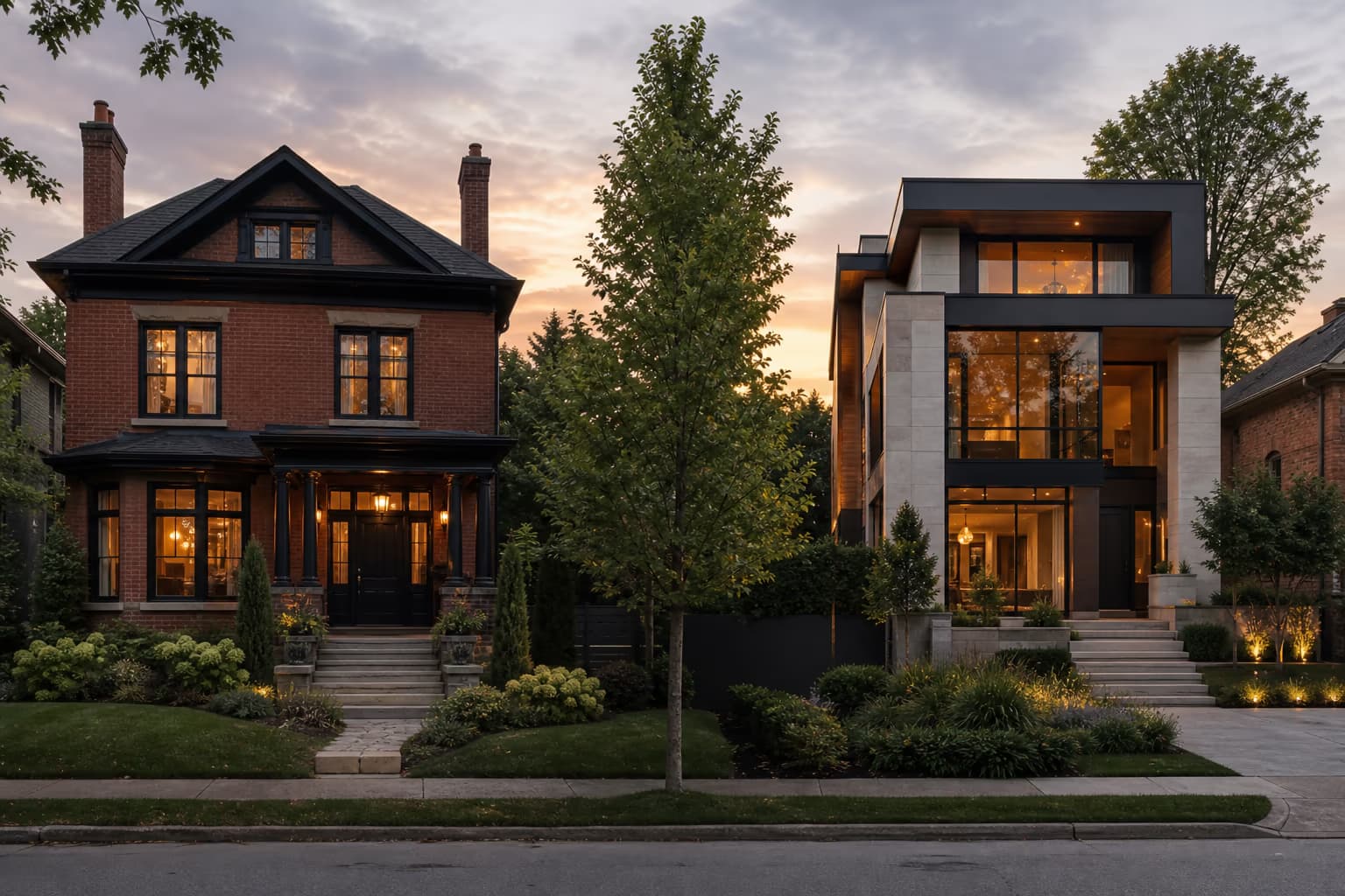 Two Canadian homes side by side on a residential street representing the comparison between assuming a mortgage and getting a new mortgage.