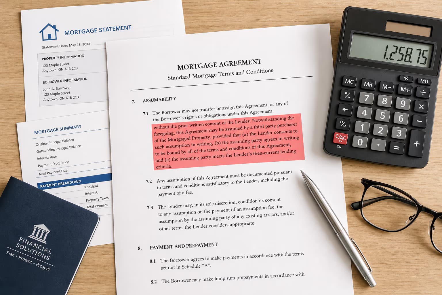 Overhead view of Canadian mortgage documents with highlighted assumability clauses, a calculator, and reading glasses on light wood.