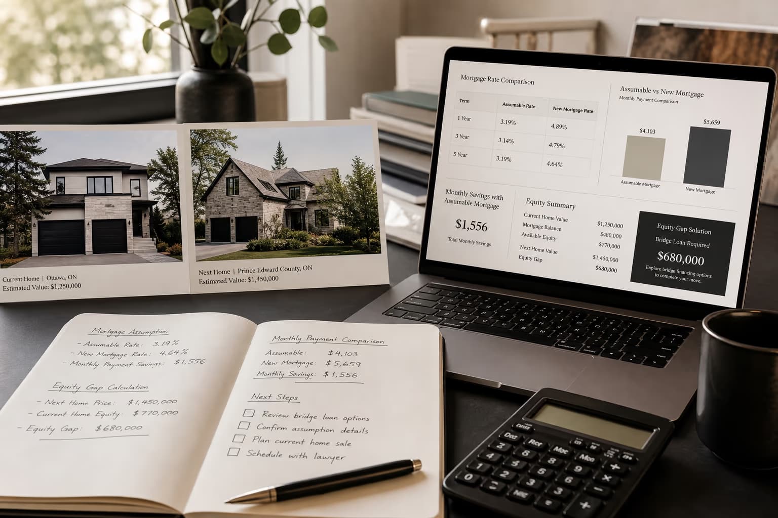 Financial planning workspace with mortgage calculations, two home photos, and a laptop showing rate comparisons for equity gap analysis.