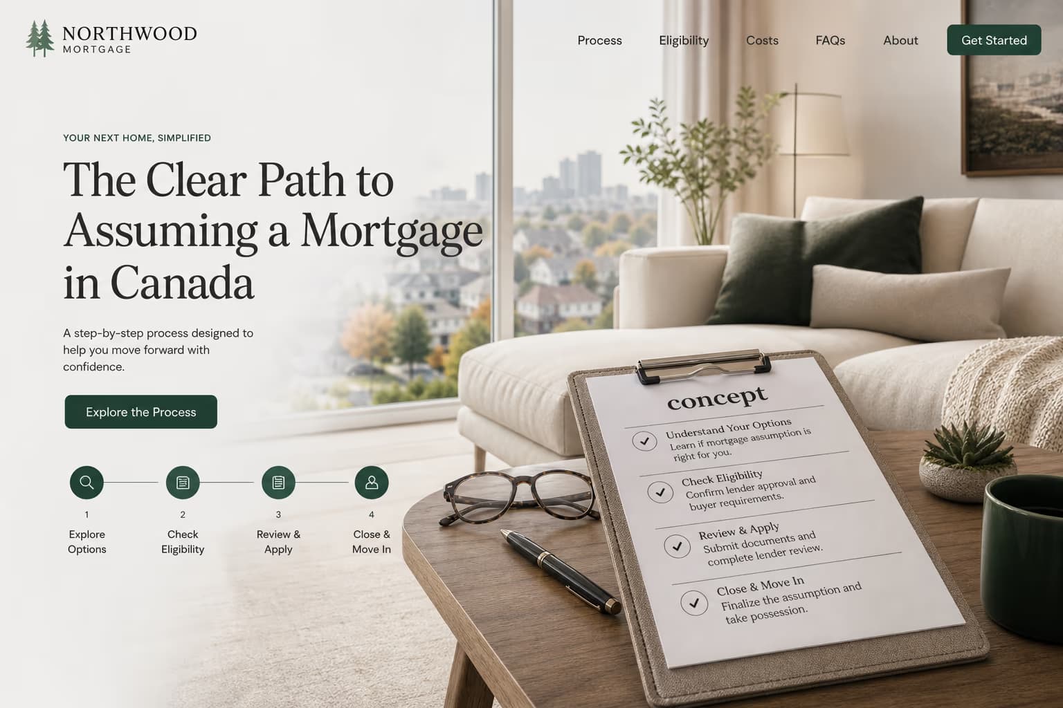 Mortgage assumption process steps represented by organized documents and a checklist on a light wood table with a living room background.