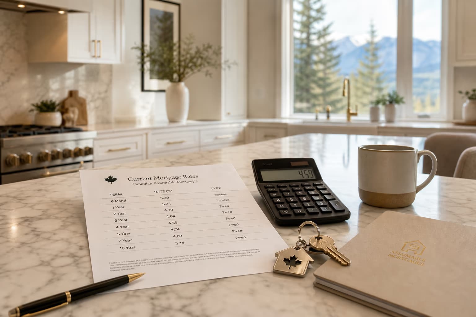 Canadian kitchen with mortgage rate sheets, calculator, and house keys representing buyer qualification for an assumable mortgage.
