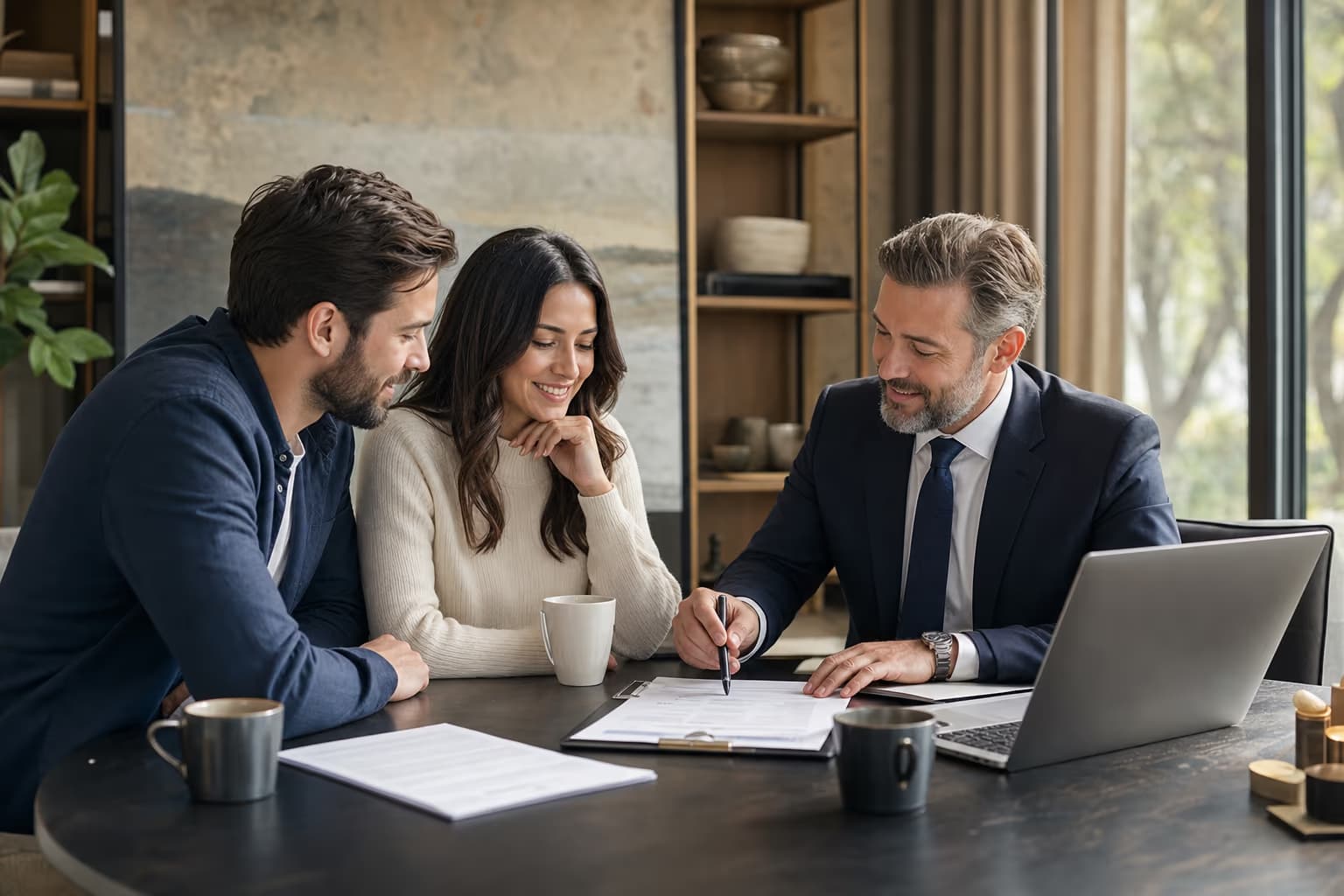 Canadian couple reviewing mortgage documents with a professional representing the seller release and assumption process.