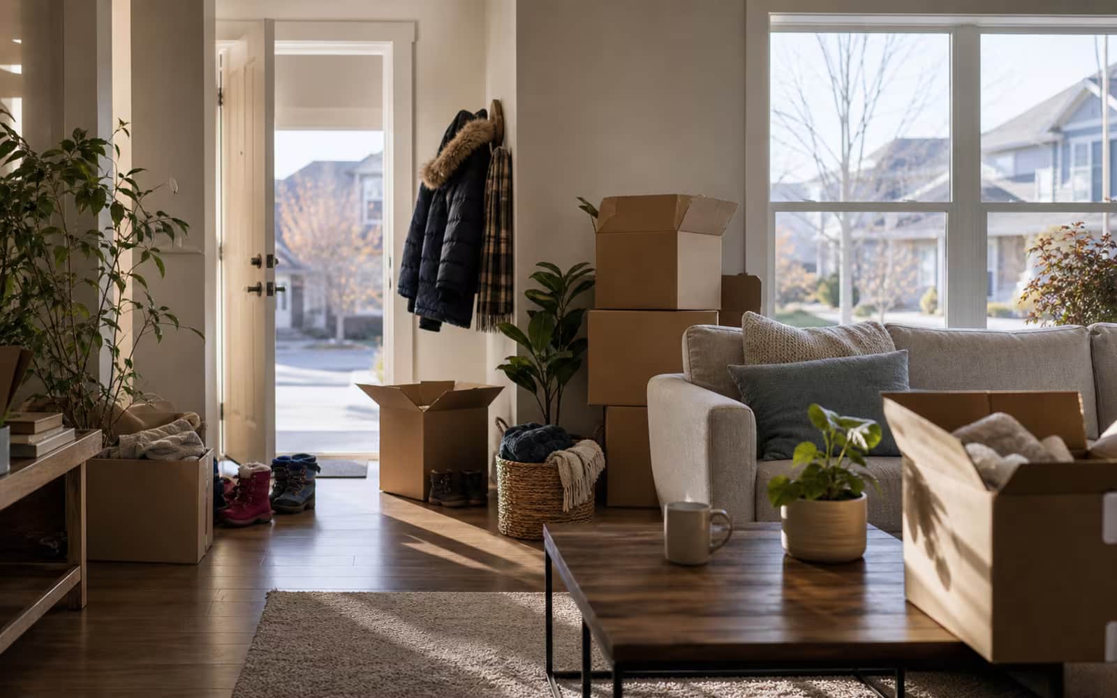 New Canadian home living room with moving boxes and winter boots representing cashback mortgage move-in costs.
