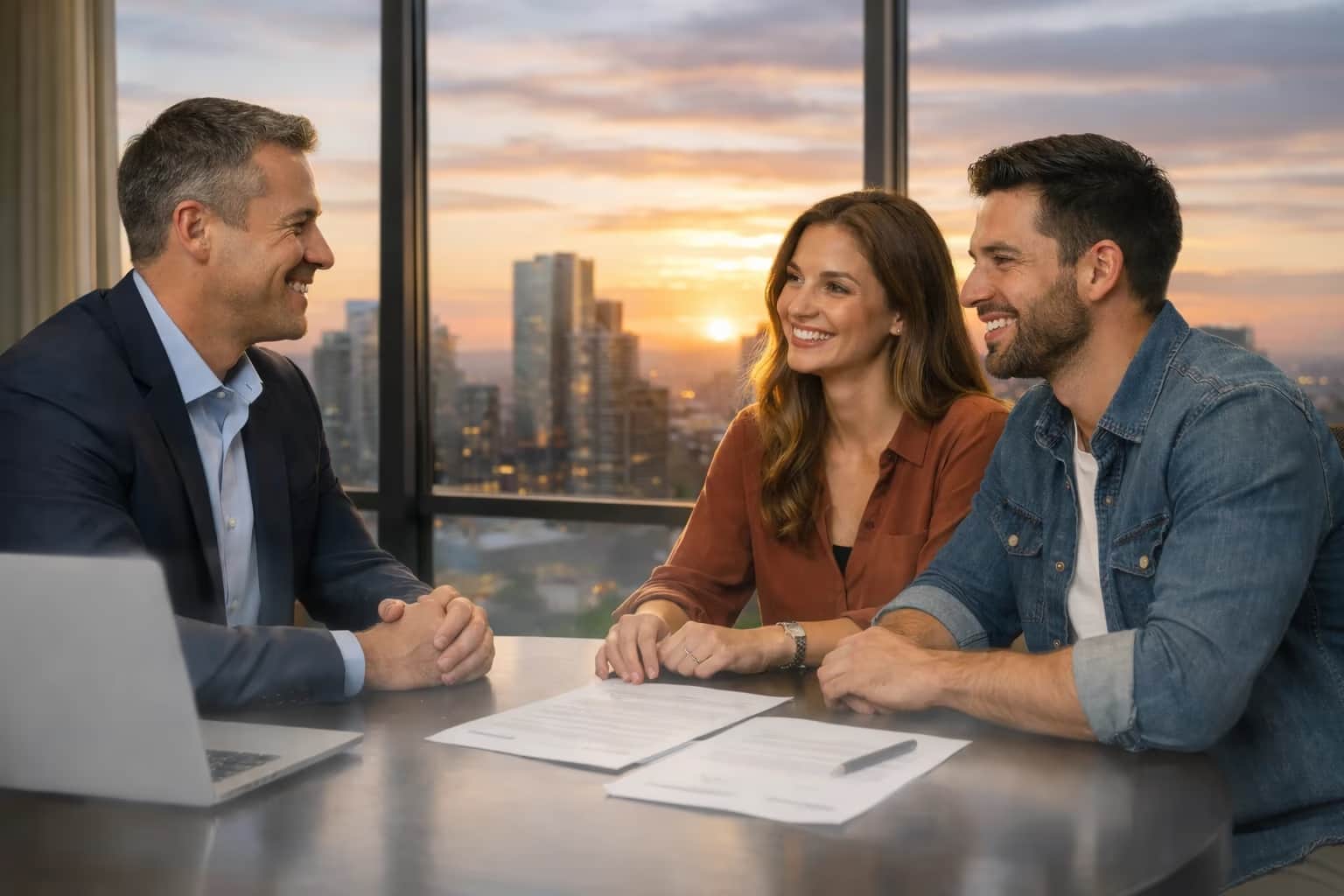 Mortgage advisor and couple reviewing collateral charge mortgage options at sunset