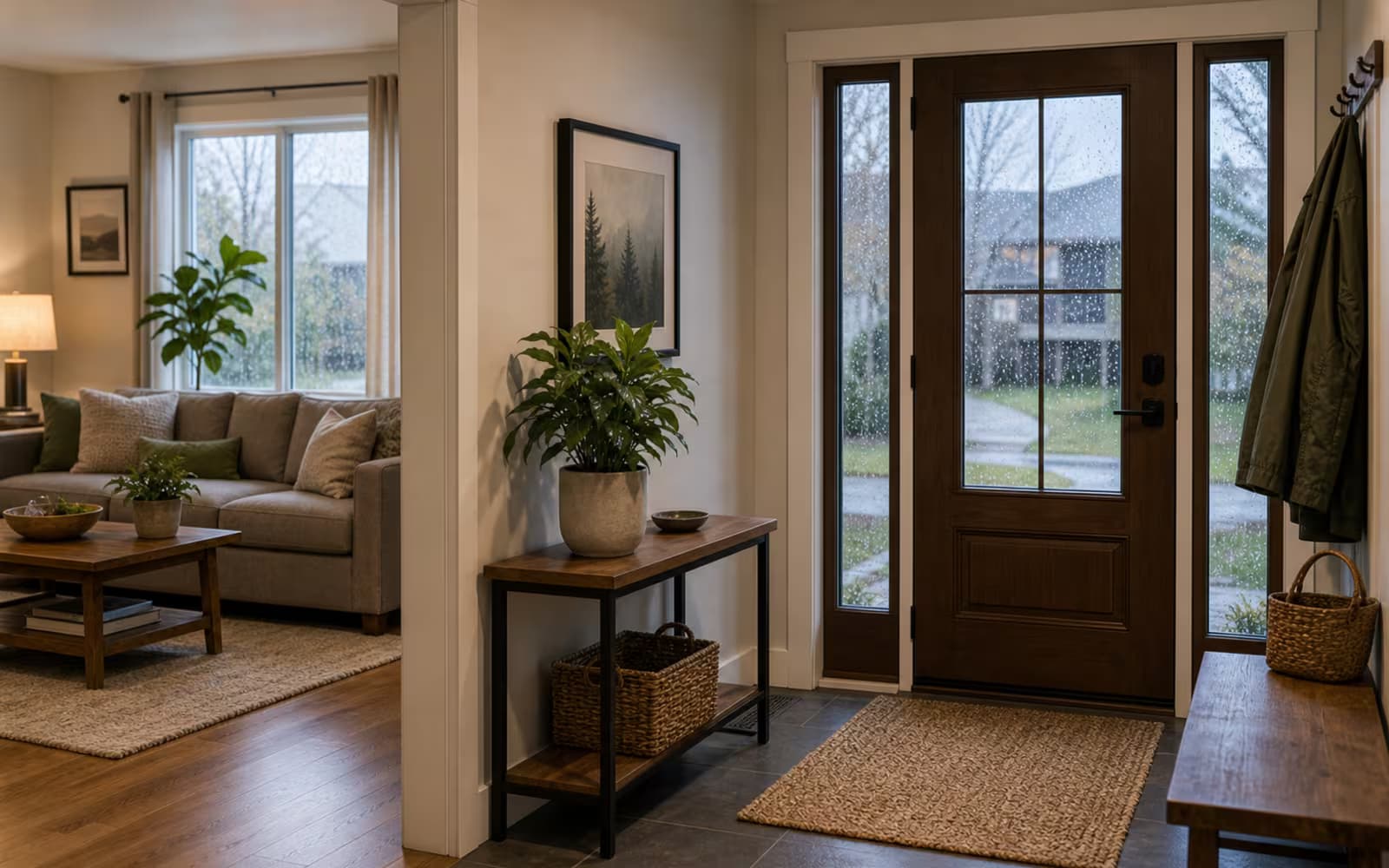 Established Canadian home entry after rain representing conventional mortgage equity and stability.