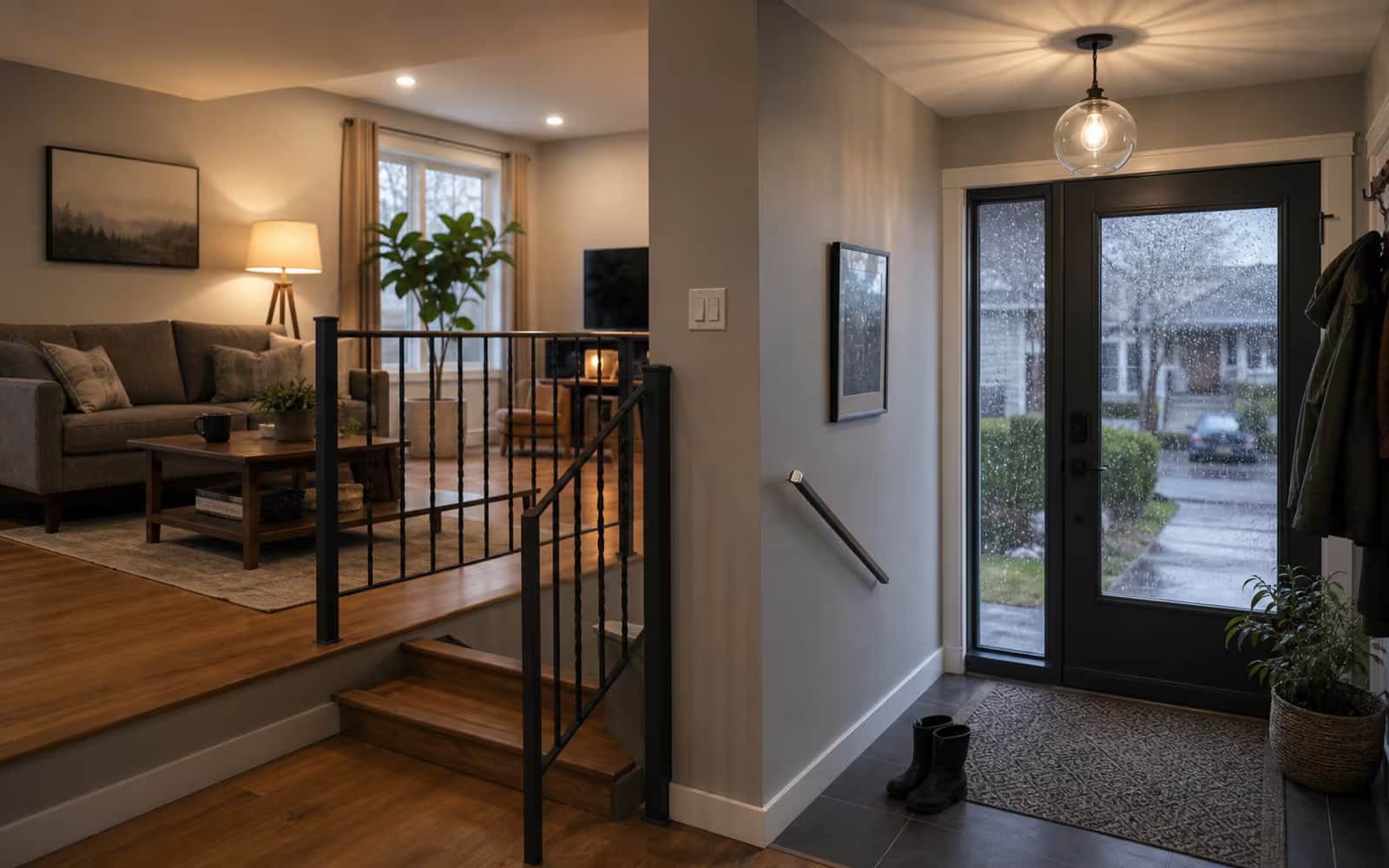 Canadian split-level home interior balancing warm living space and rainy entry, representing a hybrid mortgage.