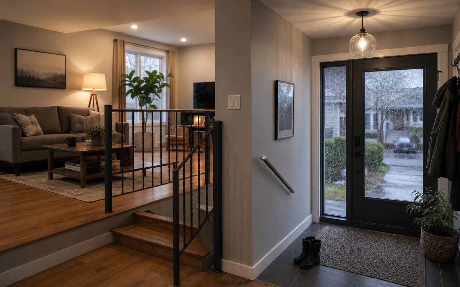 Canadian split-level home interior balancing warm living space and rainy entry, representing a hybrid mortgage.