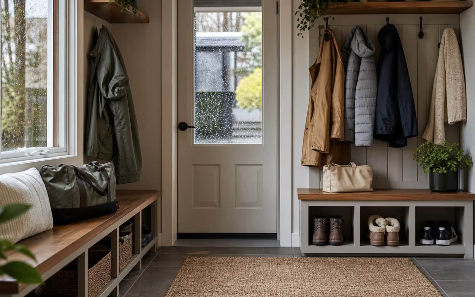 Canadian mudroom in rainy spring showing everyday flexibility and stability choices for an open versus closed mortgage.