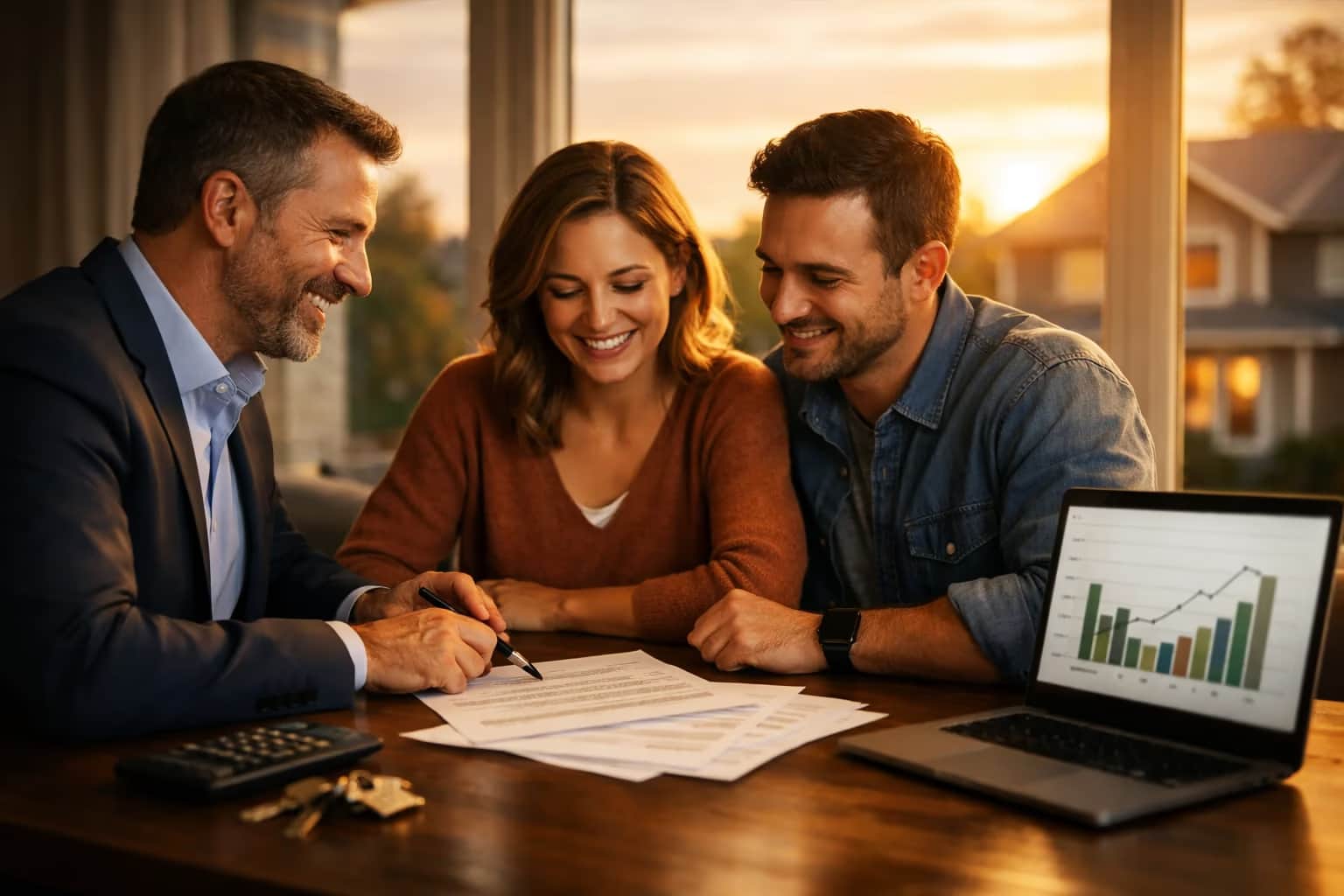 Canadian couple reviewing private mortgage options with a broker at sunset in a modern home