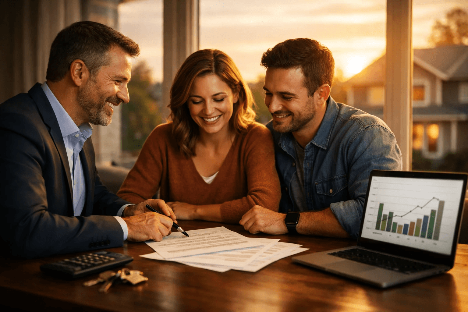 Canadian couple reviewing private mortgage options with a broker at sunset in a modern home
