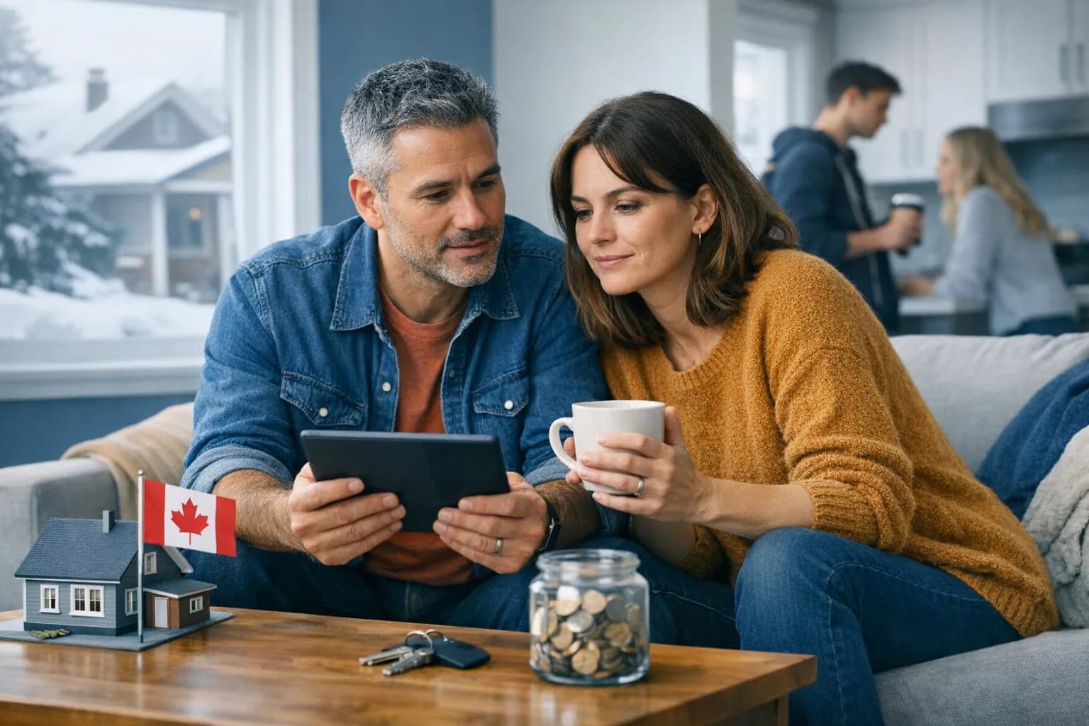Canadian mortgage advisor meeting a couple in an office at sunset to review second mortgage options
