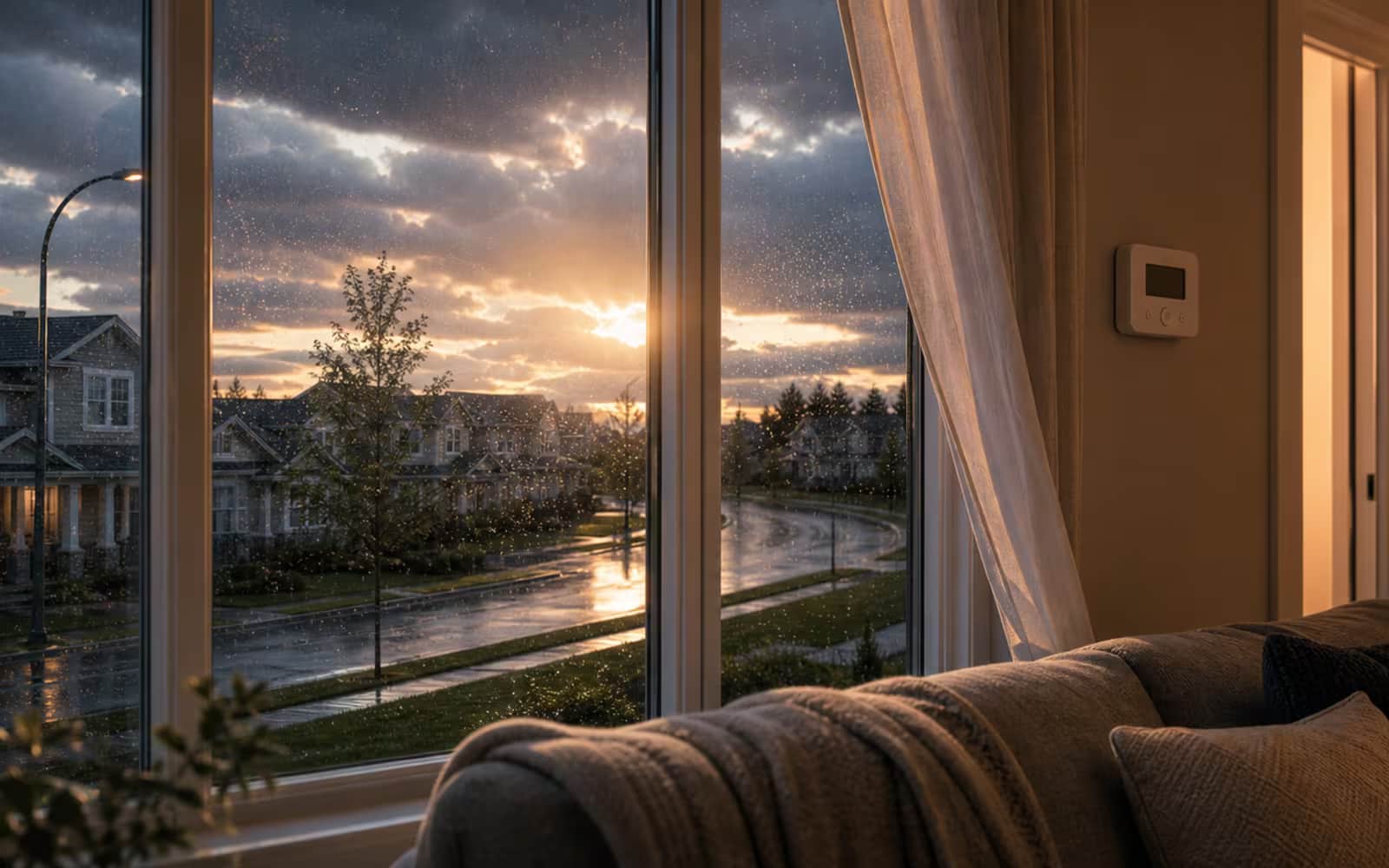 Canadian home interior looking through rain-specked windows as weather shifts, representing variable mortgage rate movement.