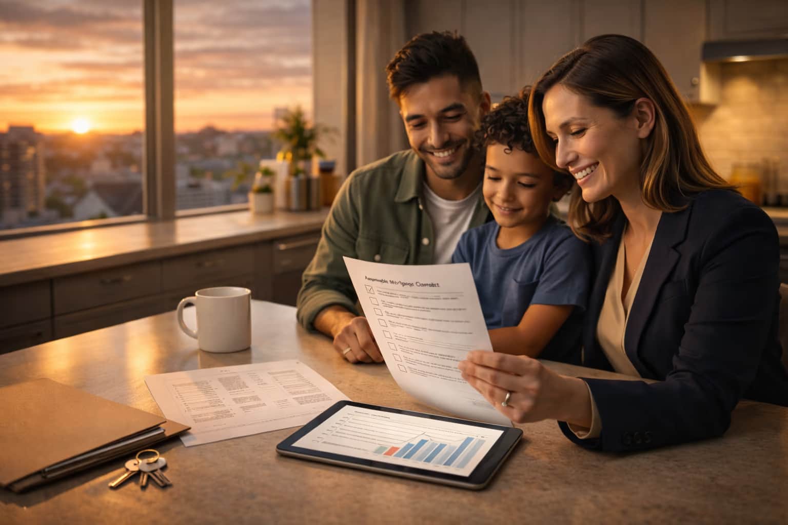 Canadian mortgage advisor explaining variable mortgage options to homebuyers at sunset