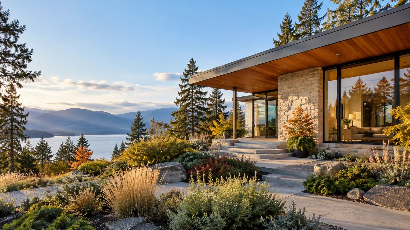 Cedar and stone home overlooking a British Columbia lake in autumn light