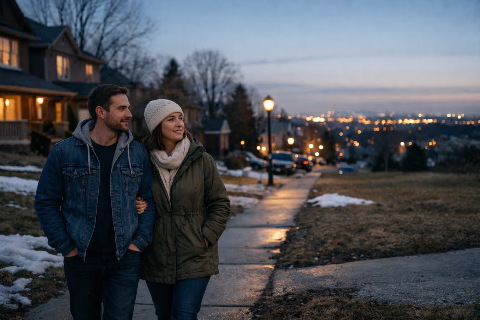 Neighbourhood homes at sunset representing a calm, strategic path to a bad credit mortgage in Canada.