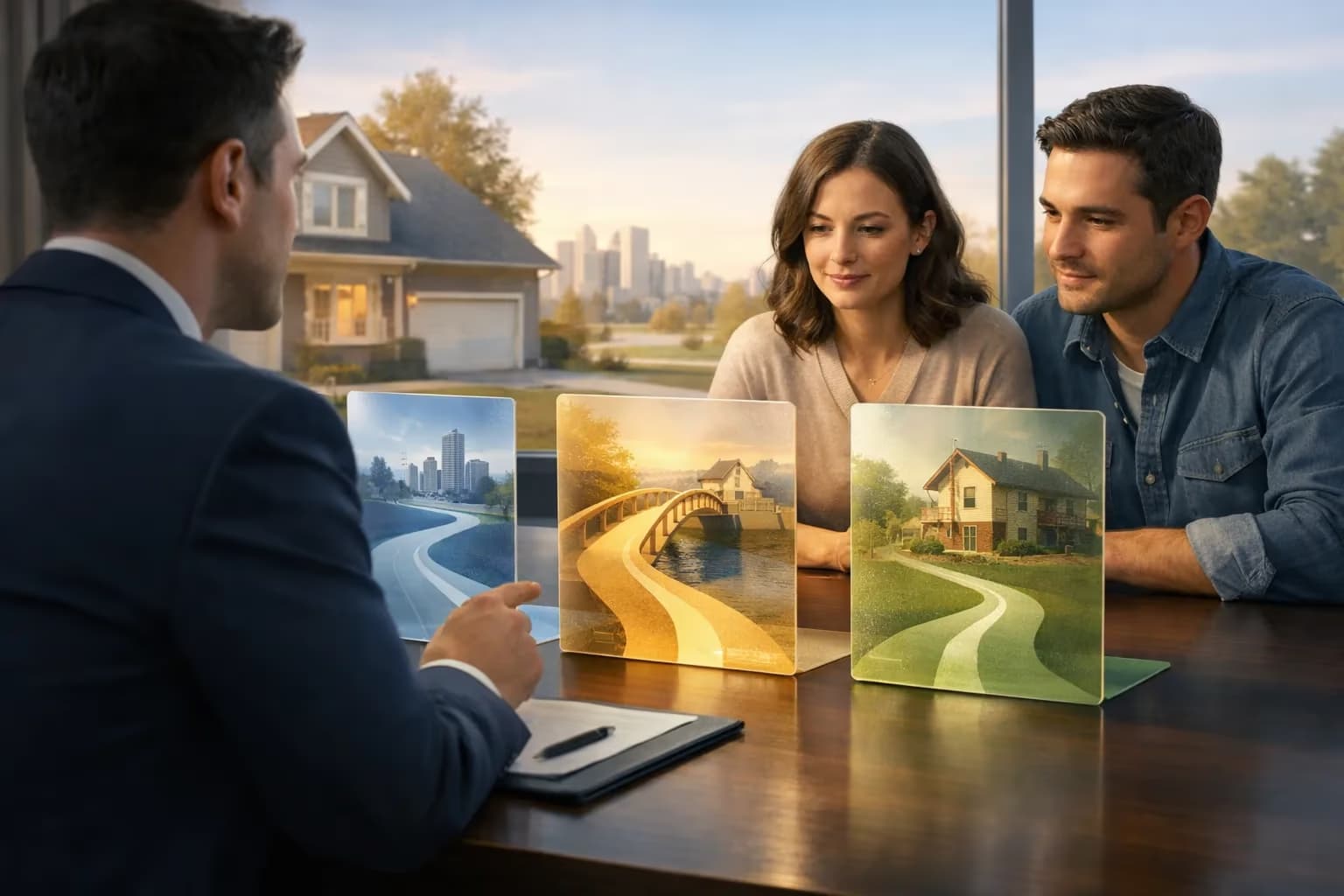 Mortgage advisor walking borrowers through structured lender paths for a bruised-credit mortgage strategy.