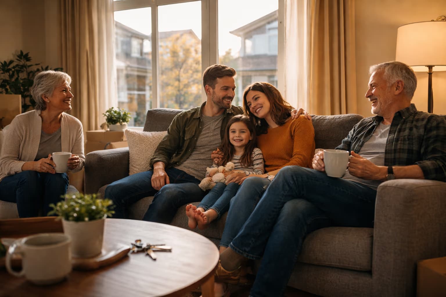 Family outside a home, representing stability after securing the right bad credit mortgage plan.