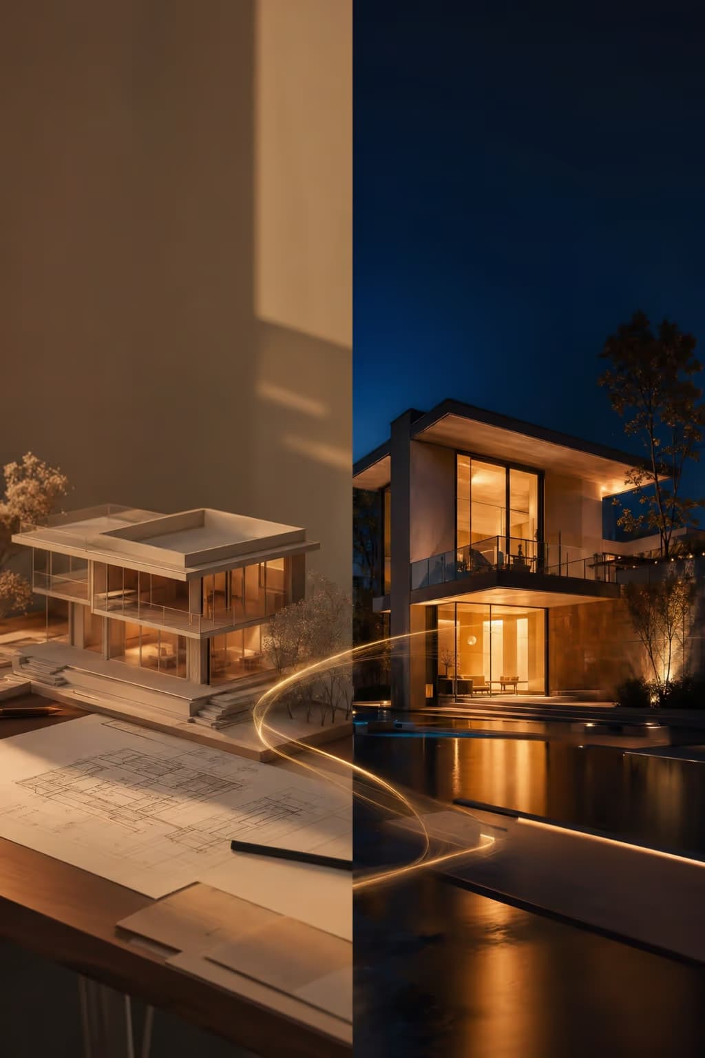 A split visual showing careful planning on one side and a completed structure on the other, representing the gap between plan and execution.
